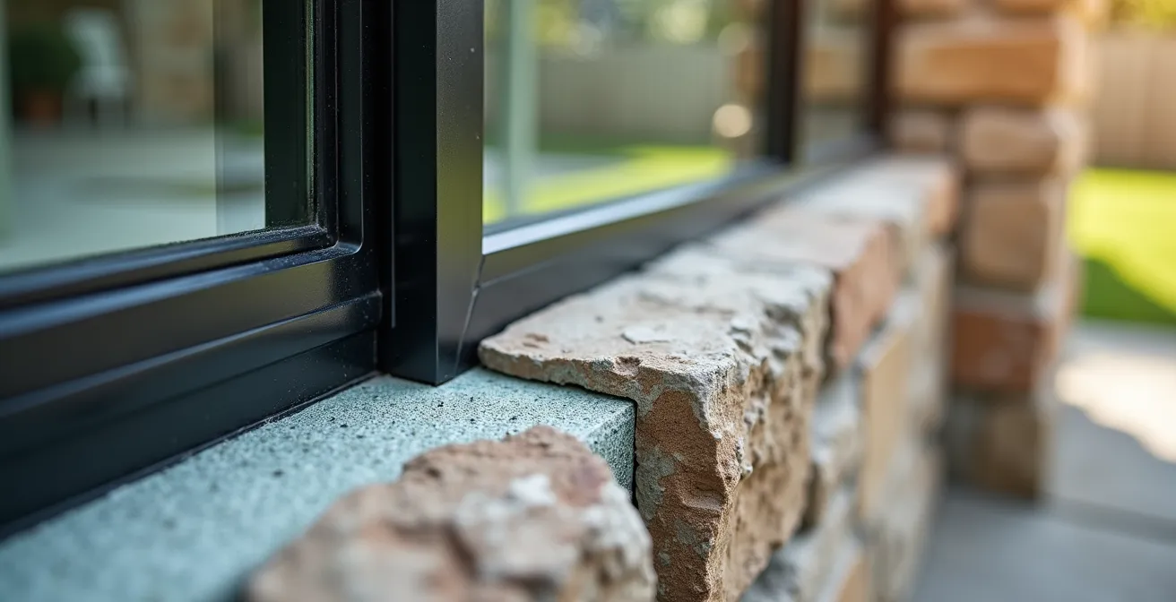 Détail technique de la jonction entre mur en pierre et extension vitrée montrant l'isolation