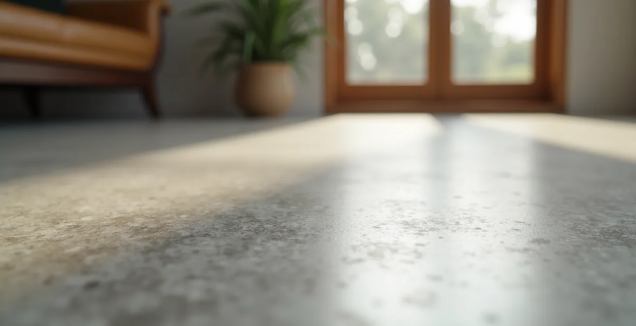 Sol en béton lissé dans un intérieur minimaliste avec lumière naturelle mettant en valeur la texture