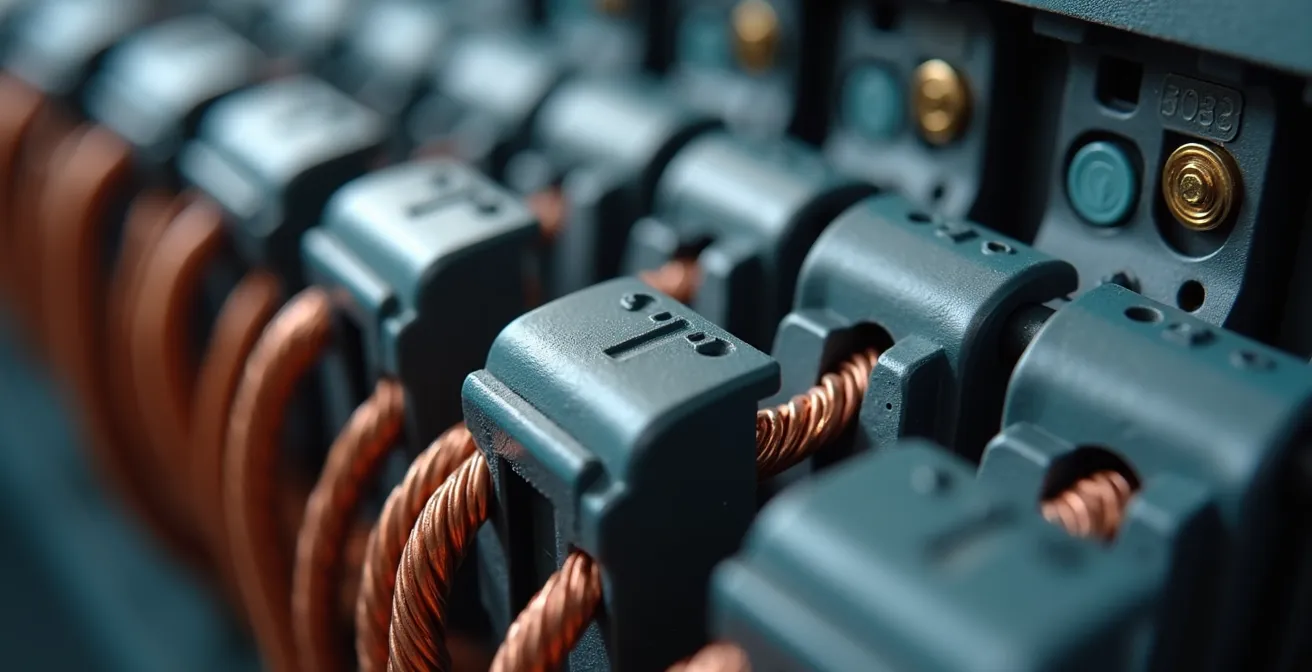 Tableau électrique moderne avec rangées de disjoncteurs et câblage professionnel organisé