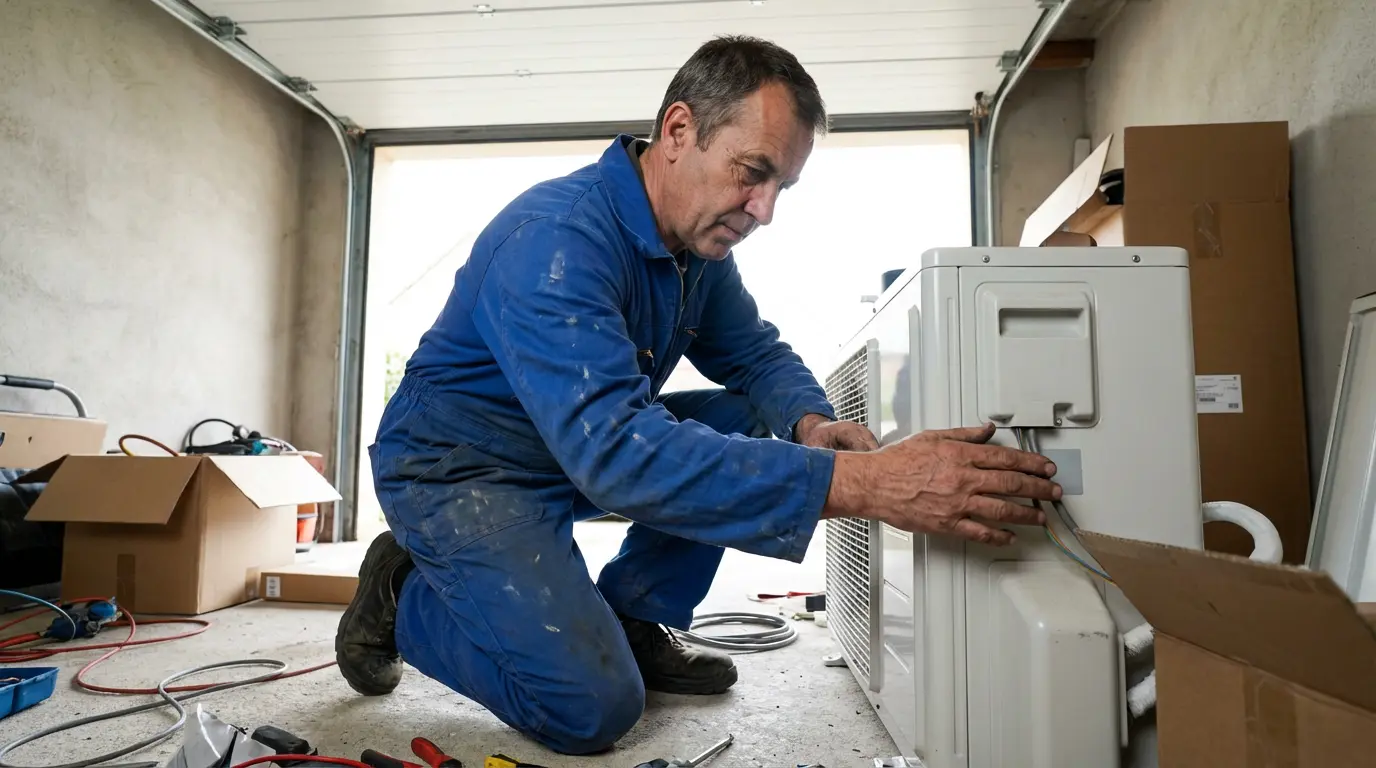 Technicien installant une pompe à chaleur dans un garage pour améliorer la performance DPE