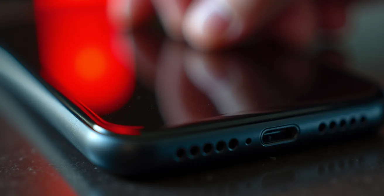 Gros plan sur téléphone avec reflet d'écran montrant des signaux d'alerte