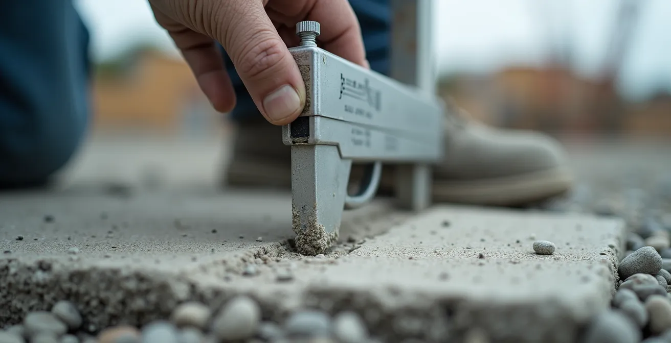Technicien utilisant un scléromètre sur une fondation en béton pour tester la résistance