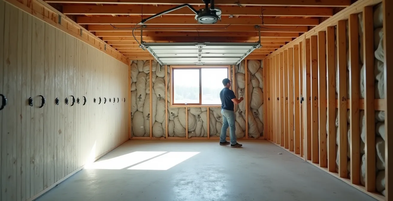 Intérieur d'un garage en cours de transformation avec isolation des murs et pose de cloisons