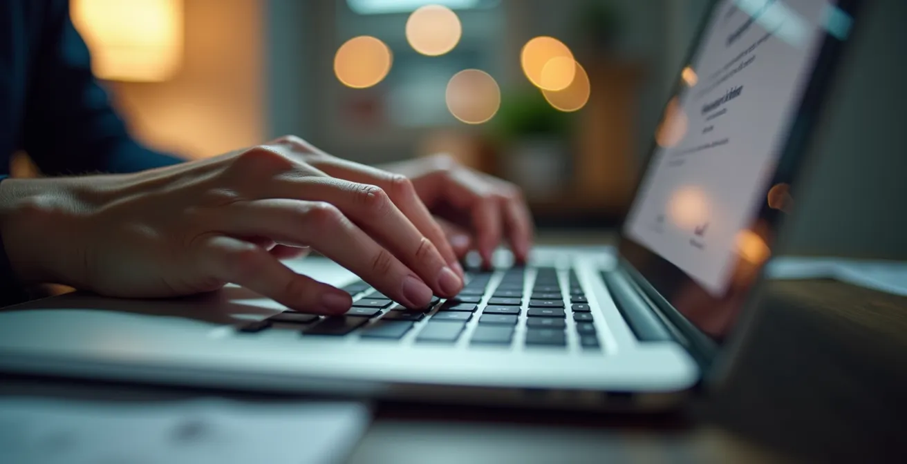 Gros plan sur des mains naviguant sur l'annuaire France Rénov' avec un certificat RGE flou en arrière-plan