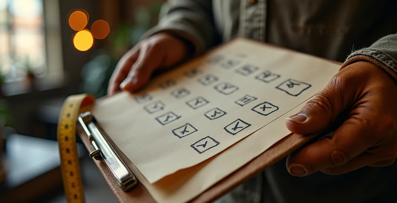 Inspection détaillée d'une maison avec checklist et outils de mesure