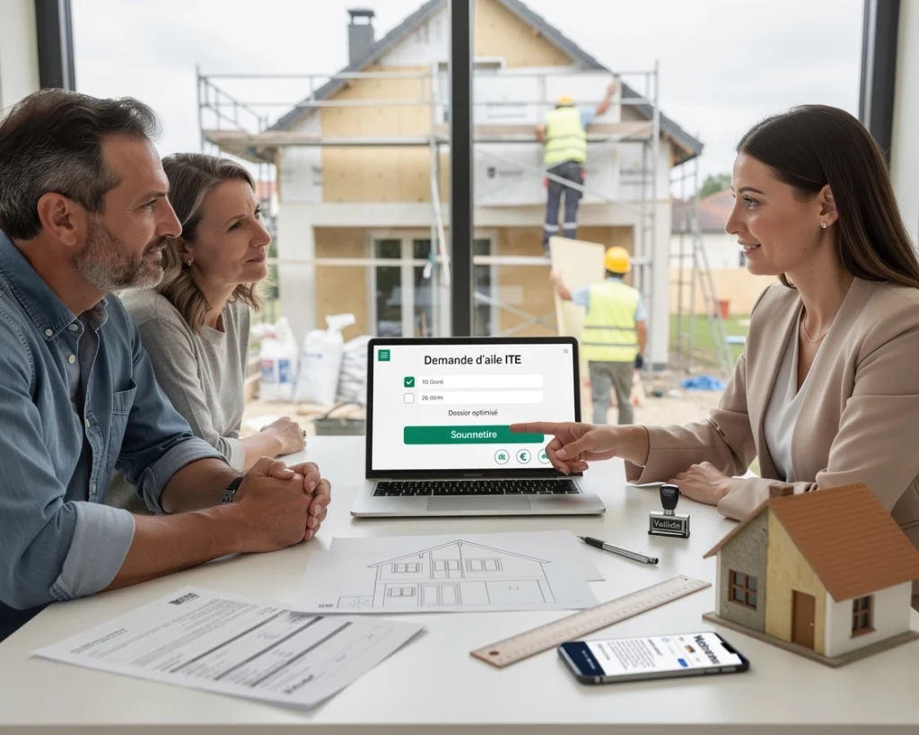 Un couple et une dame discutent des aides ITE